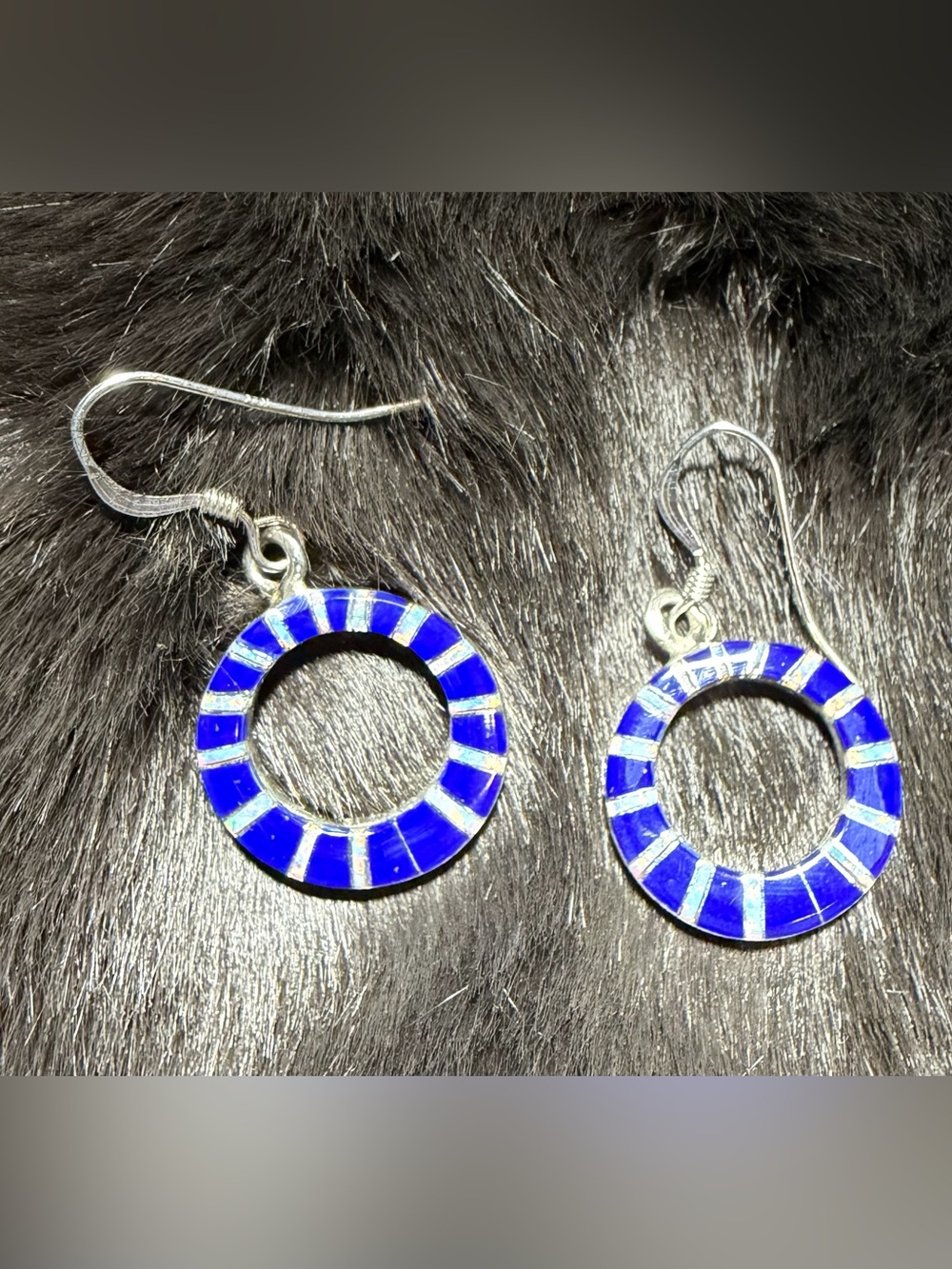 Sterling Silver Lapis & White Opal Inlay Circle Hoop Dangle Earrings Southwester